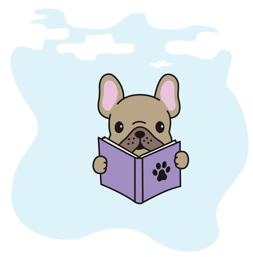A cartoon puppy reading a book.