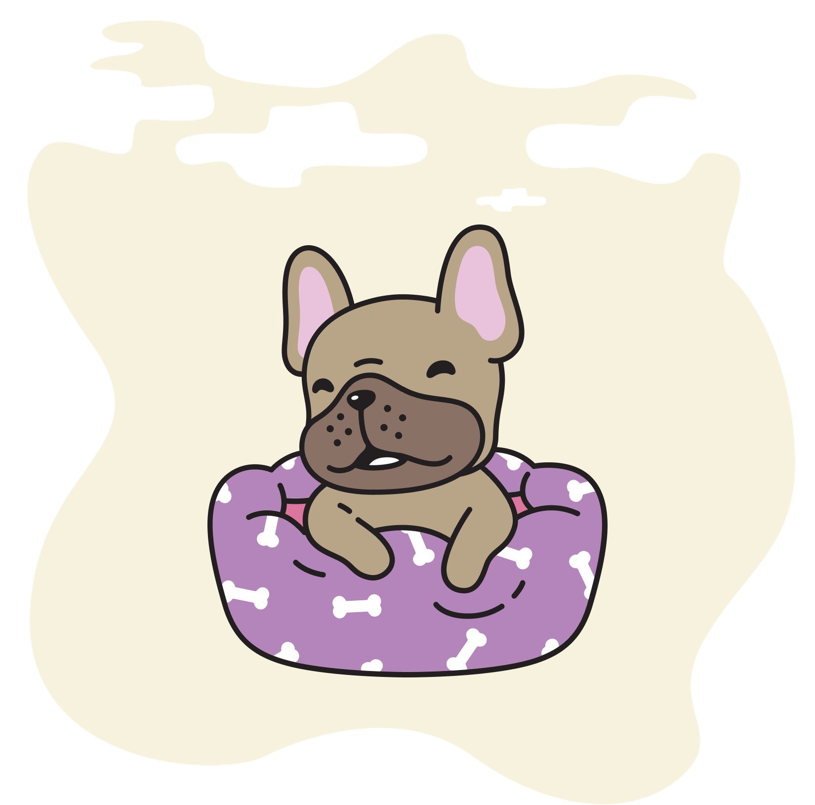 A cartoon puppy sitting in a dog bed.